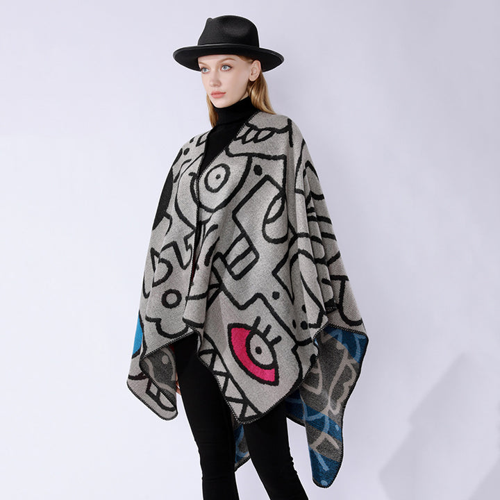 Women's oversized poncho in artistic print with two-tone edge processing and asymmetrical pointed hem Mune Fashion