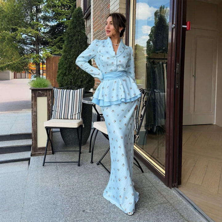 Women's Two-Piece Wrap Set with Peplum Jacket and Figure-Hugging Maxi Skirt Mune Fashion