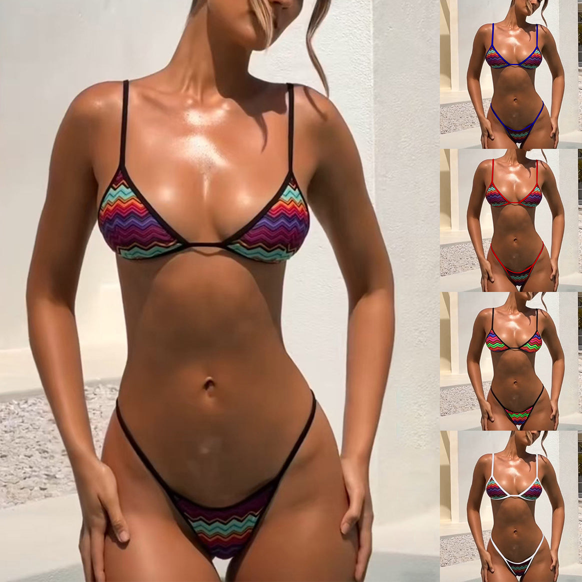 Women's Triangle Bikini with Adjustable Ties and Fresh Striped Pattern Mune Fashion