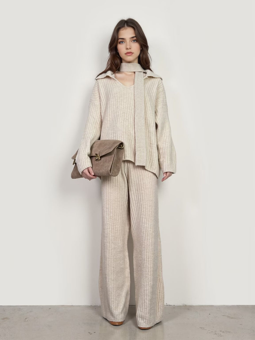 Women Ribbed Knit Two-Piece with Wide V-Neck, Long Scarf and Palazzo Pants Mune Fashion