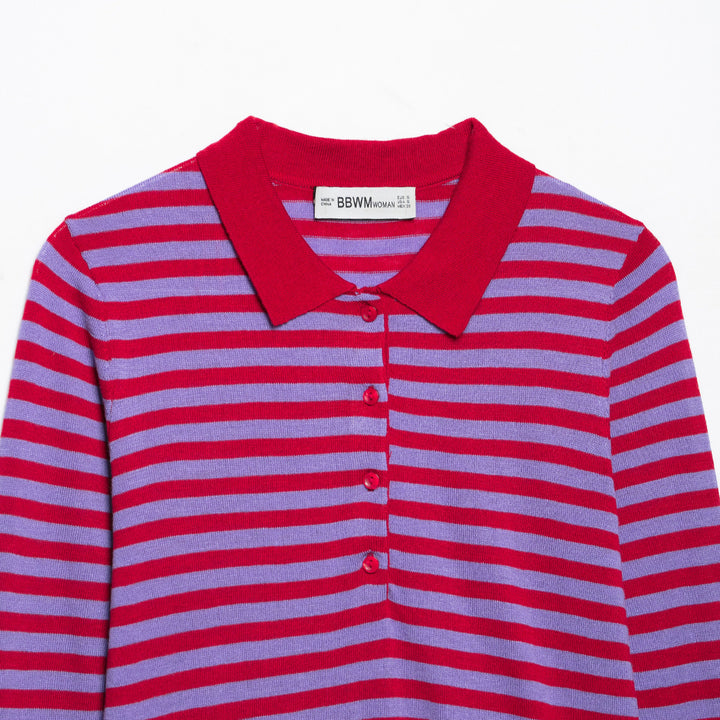 Women's Striped Cropped Polo Cardigan made of Fine Knit with Button Placket Mune Fashion