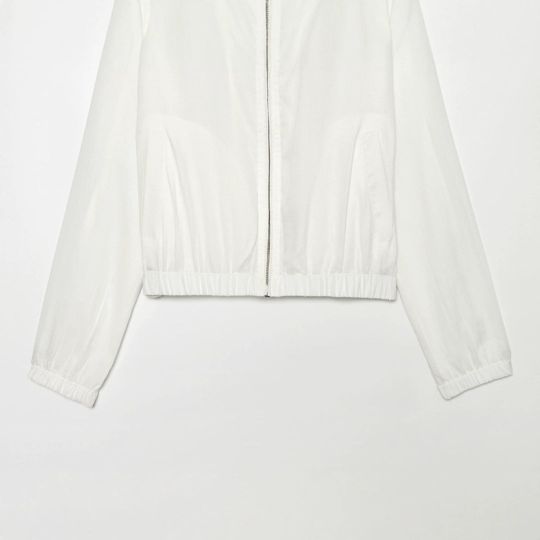 Women's lightweight bomber jacket with high stand-up collar, zipper, front pockets, and elastic hem Mune Fashion