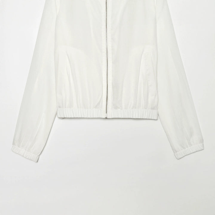 Women's lightweight bomber jacket with high stand-up collar, zipper, front pockets, and elastic hem Mune Fashion