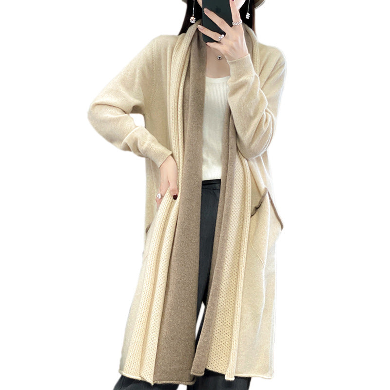 Women Long Open Cardigan in Cashmere-Look with Shawl Collar and Inset Pockets Mune Fashion