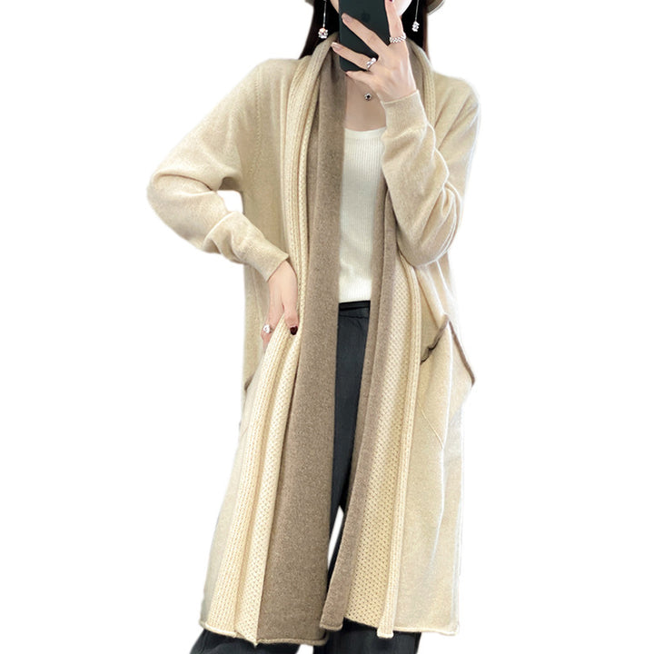 Women Long Open Cardigan in Cashmere-Look with Shawl Collar and Inset Pockets Mune Fashion