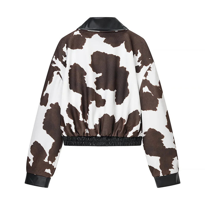 Women's short-cut bomber jacket in cow print with faux leather trim Mune Fashion