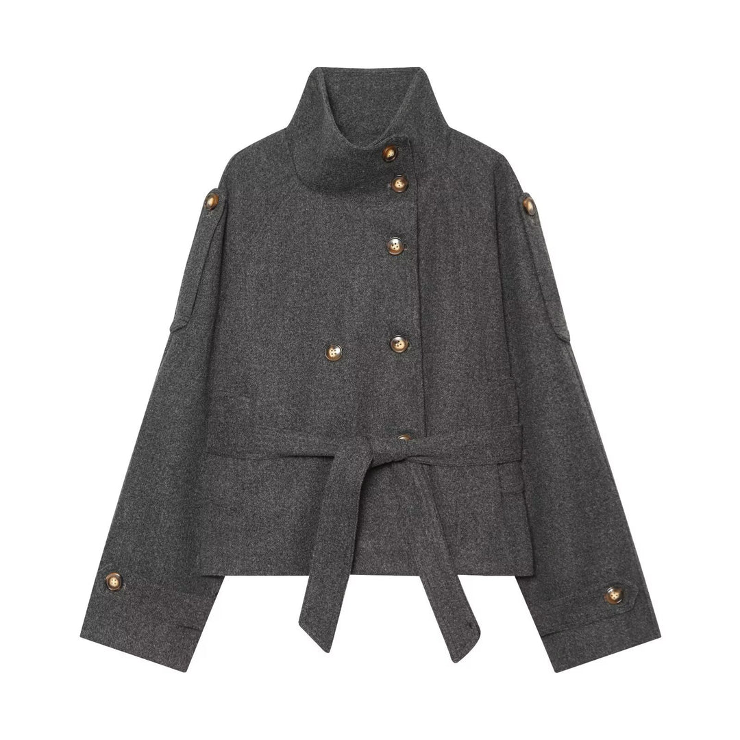 Women's short cape made of wool blend with high stand-up collar, double-breasted and tie belt Drune