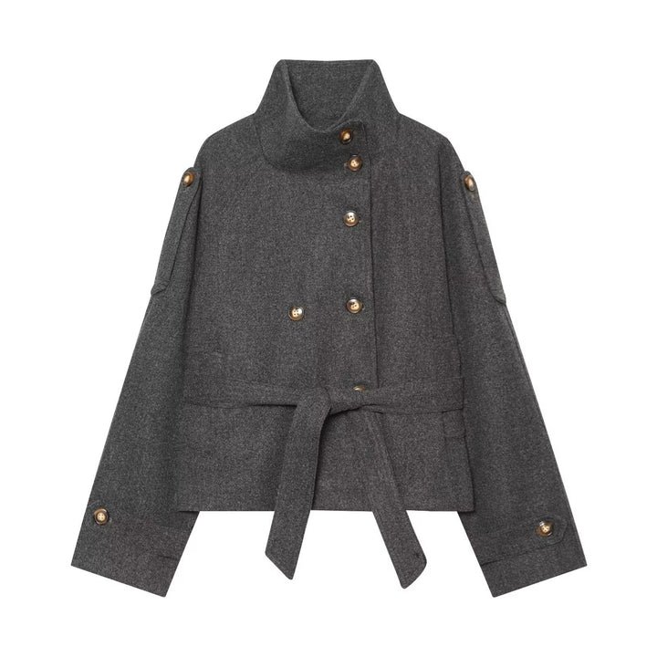 Women's short cape made of wool blend with high stand-up collar, double-breasted and tie belt Drune