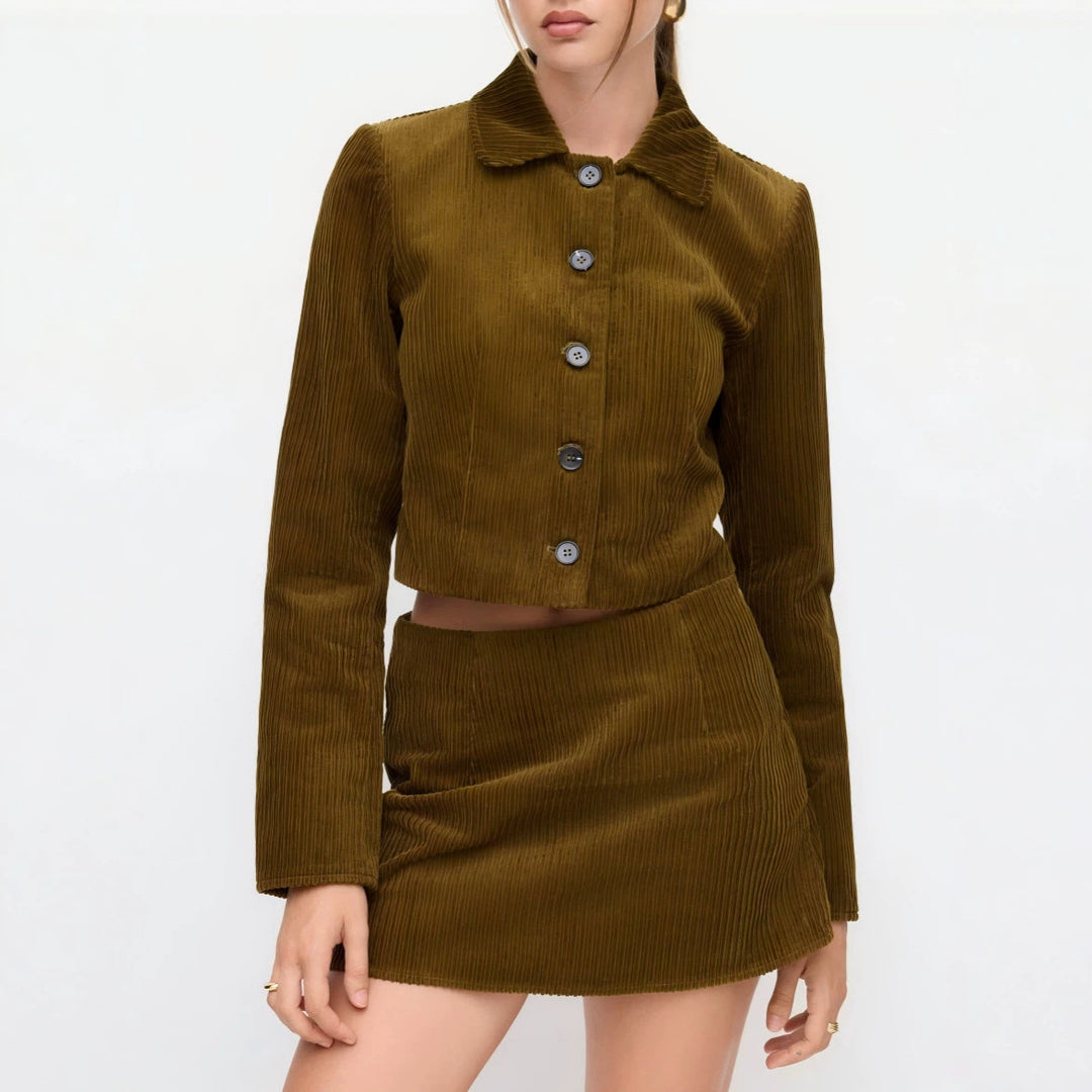 Women's Pleated Short Jacket with Shirt Collar and Turned-up Cuffs Drune