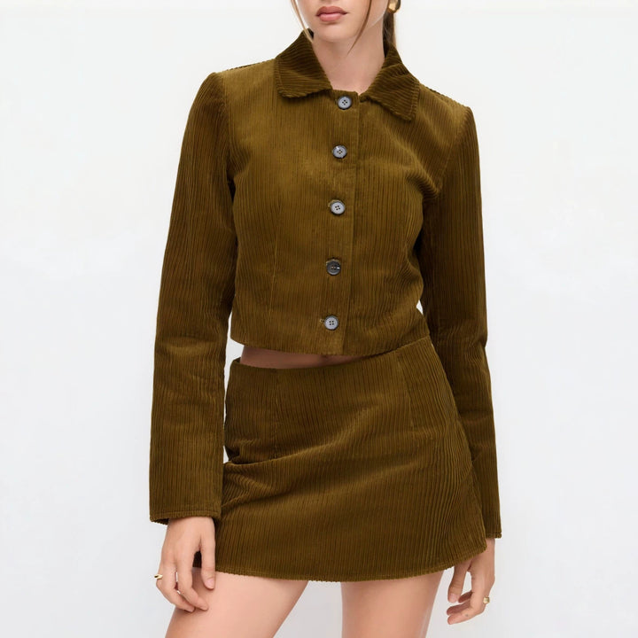 Women's Pleated Short Jacket with Shirt Collar and Turned-up Cuffs Drune
