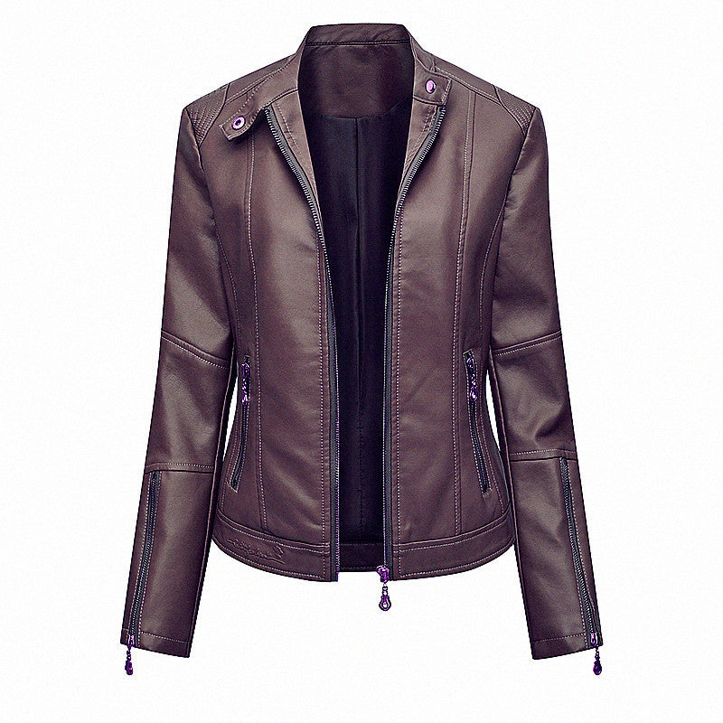 Ladies' Fitted Faux Leather Biker Jacket with Stand-up Collar, Tailored Seams, and Zipper Pockets Mune Fashion