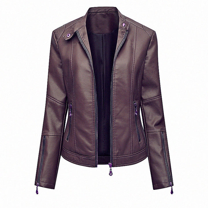 Ladies' Fitted Faux Leather Biker Jacket with Stand-up Collar, Tailored Seams, and Zipper Pockets Mune Fashion