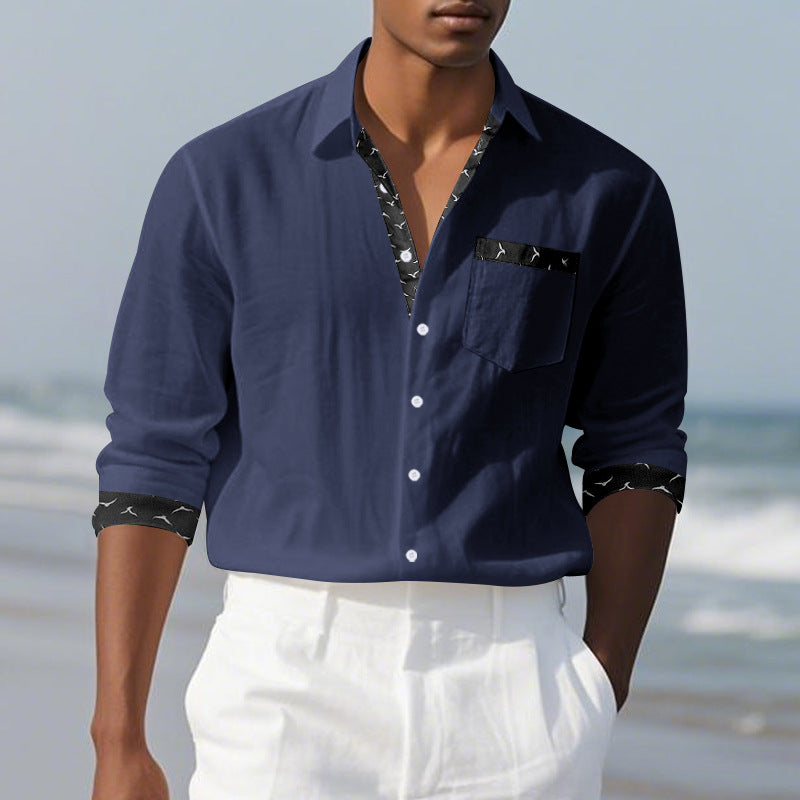 Men's casual linen blend shirt with contrasting trim on collar and cuffs as well as breast pocket Mune Fashion