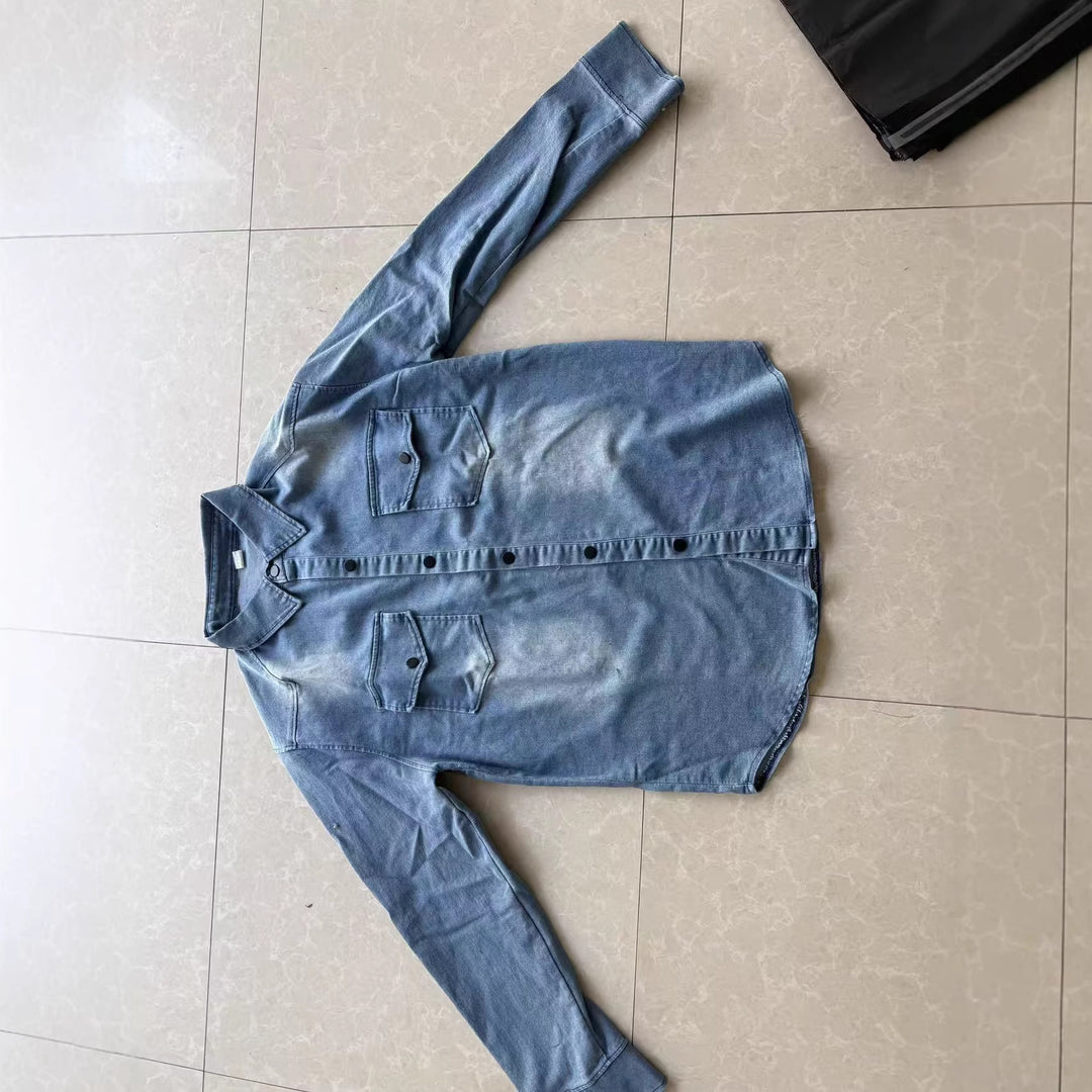 Men's oversized denim shirt jacket with curved hem and patch pockets Mune Fashion