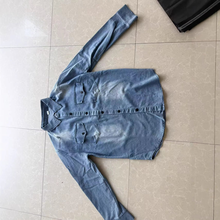 Men's oversized denim shirt jacket with curved hem and patch pockets Mune Fashion