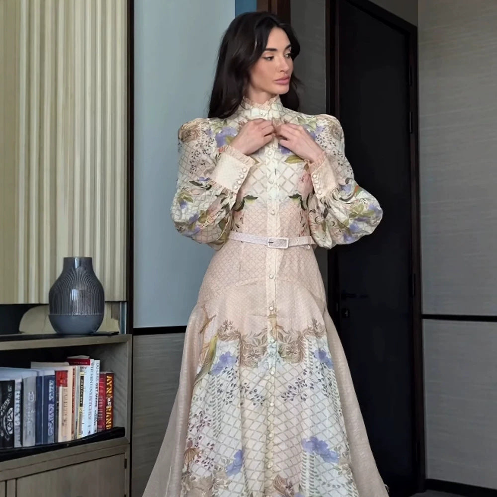 Women's maxi dress with floral print, button placket and voluminous puff sleeves Mune Fashion