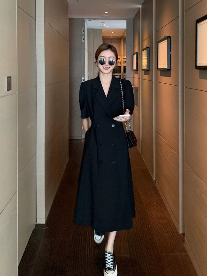 Ladies Double-Breasted Long Blazer Coat with Tailored Cut and Structured Shoulders Mune Fashion