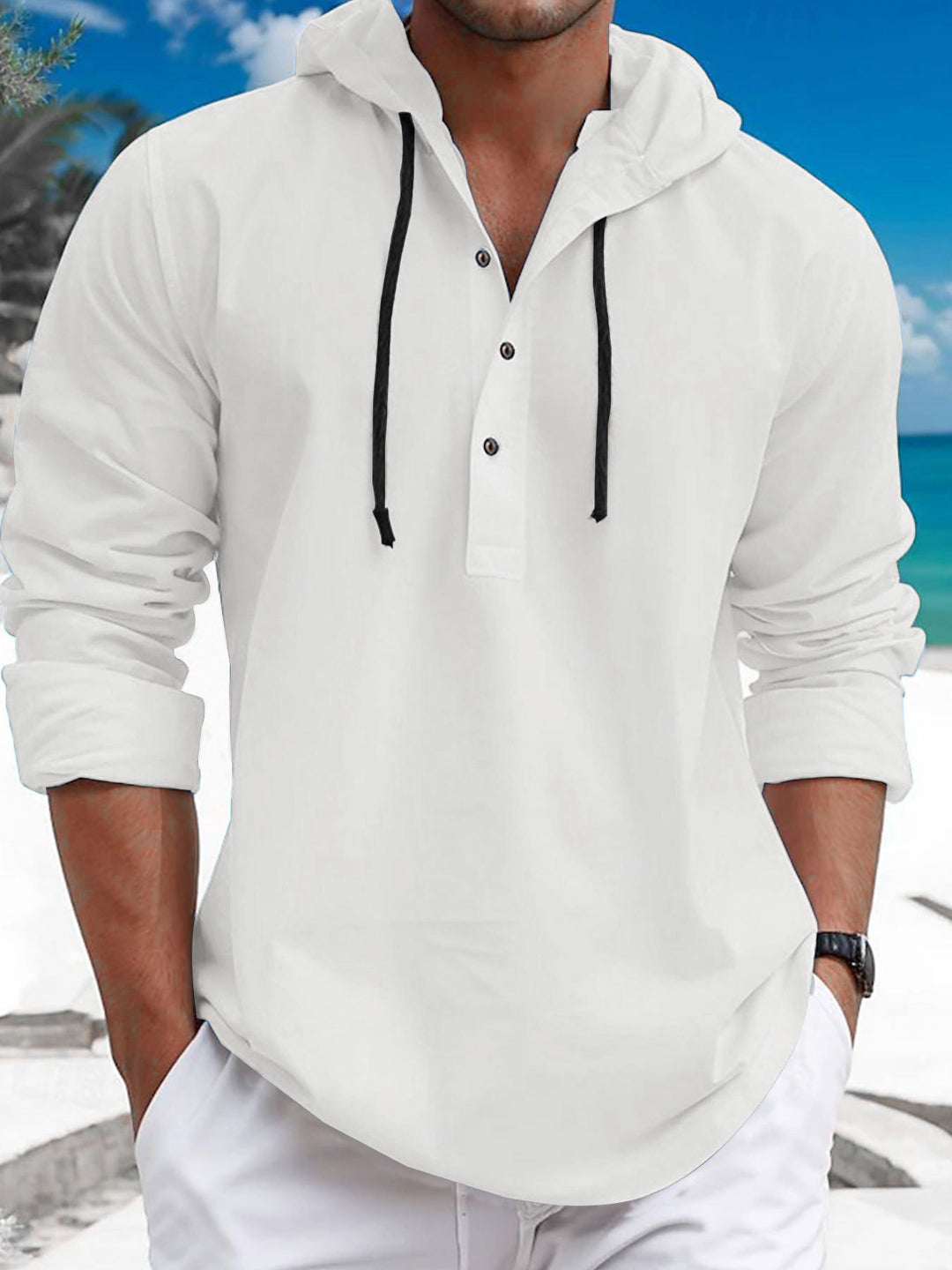 Men's summer hoodie henley with hidden button placket, drawstring and rounded hem Mune Fashion