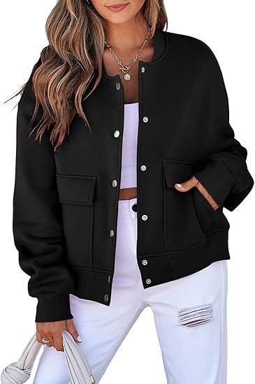 Women's casual oversized bomber jacket made of sweatshirt fabric with snap button placket and patch pockets Mune Fashion