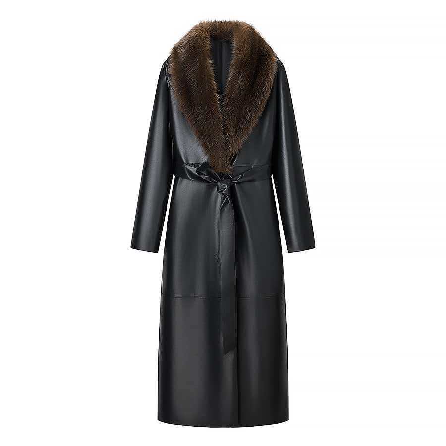 Women Long Leather Coat with Removable Fur Collar and Minimalist Silhouette Mune Fashion