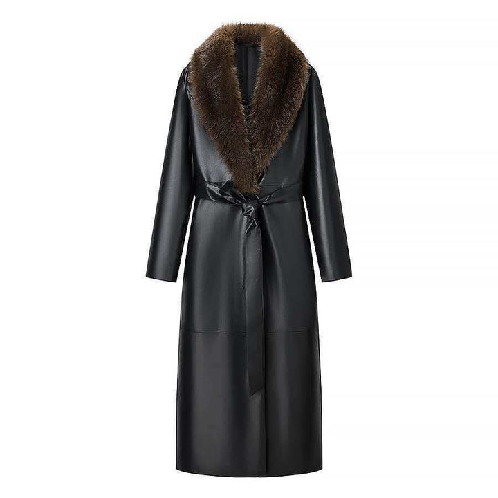 Women Long Leather Coat with Removable Fur Collar and Minimalist Silhouette Mune Fashion
