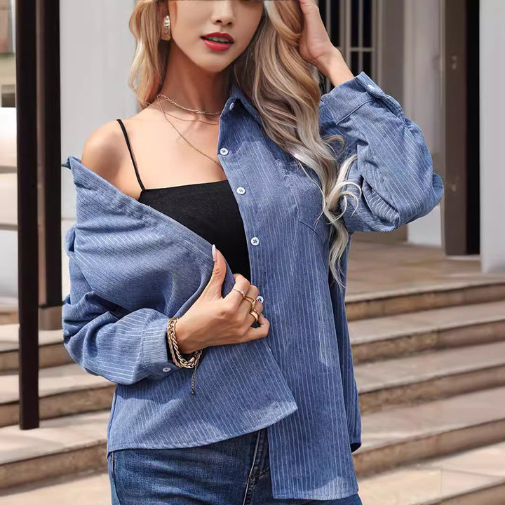 Women's long-sleeve shirt blouse made of cord structure with chest pocket Drune