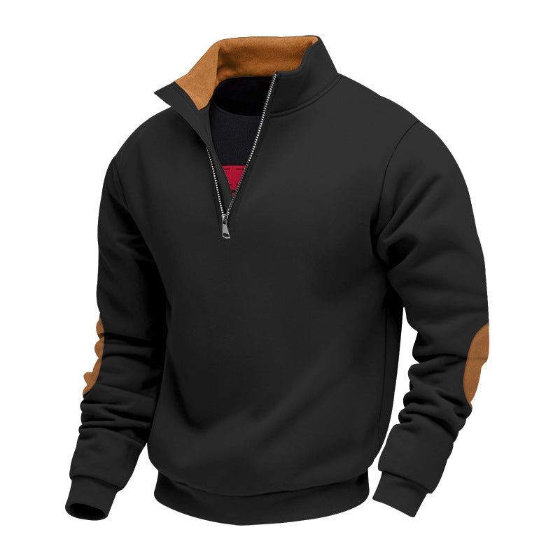 Men's nan Sweatshirt with half zipper, stand collar, and suede elbow patches Mune Fashion