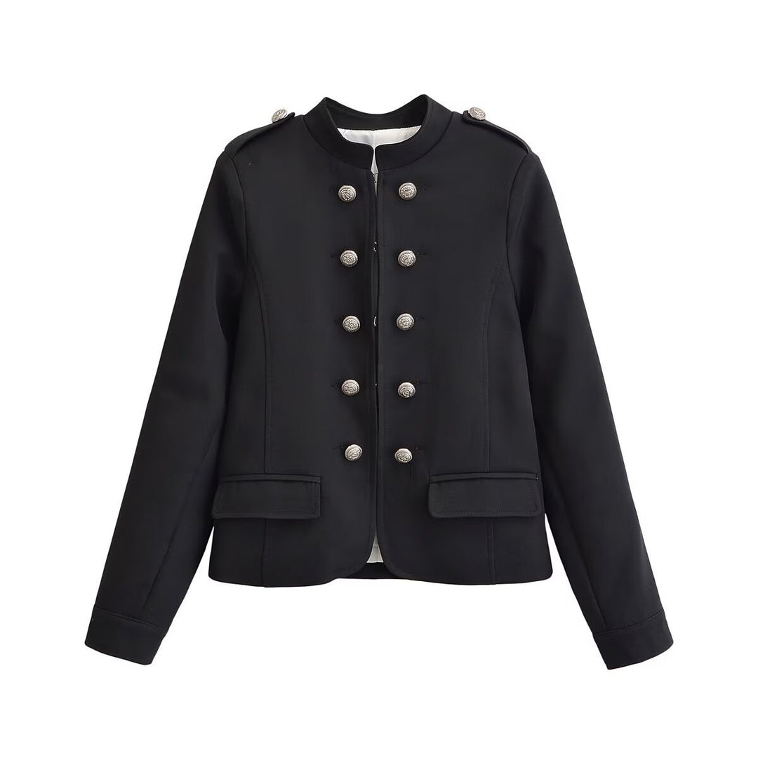 Women's Short Stand Collar Blazer with Double Decorative Button Placket and Epaulettes Mune Fashion
