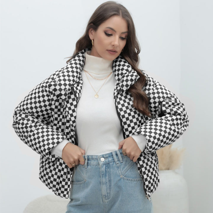 Women's Short Quilted Check Winter Jacket with Stand-Up Collar and Arm Pocket Mune Fashion