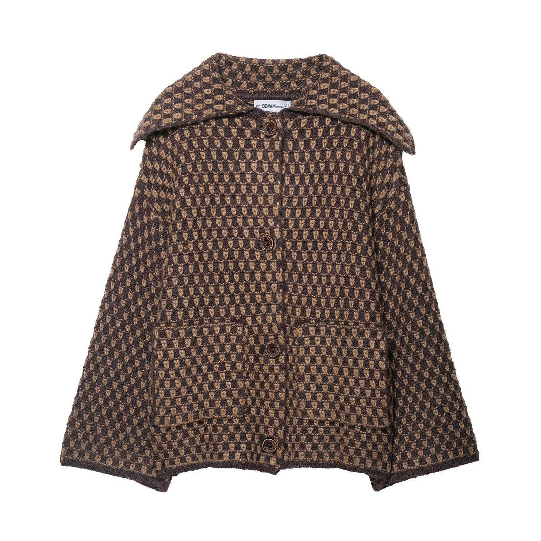 Women's casual bouclé tweed jacket with large lapel collar, patch pockets, and decorative wooden buttons Mune Fashion