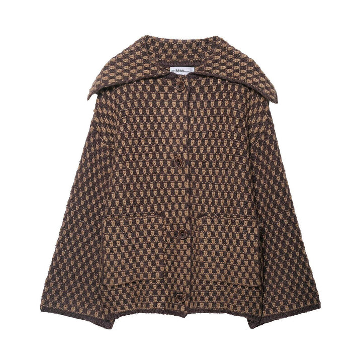 Women's casual bouclé tweed jacket with large lapel collar, patch pockets, and decorative wooden buttons Mune Fashion