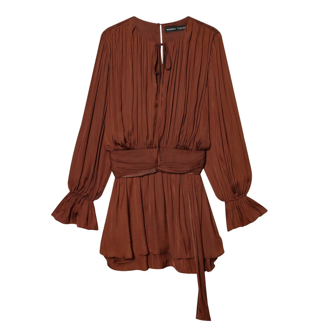 Women Pleated Wrap Dress with Ruffle Skirt and Balloon Sleeves Mune Fashion