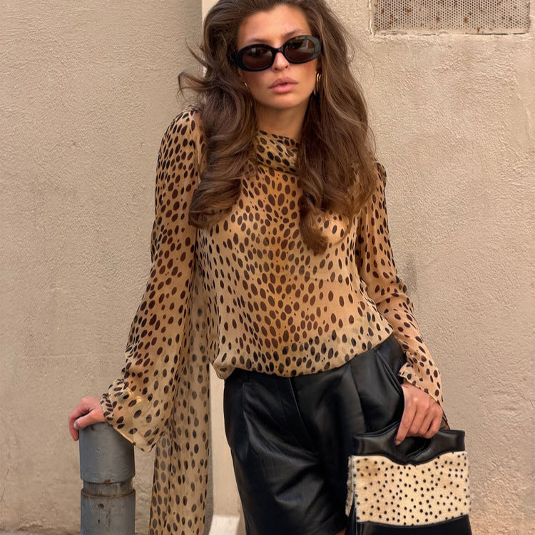 Women's Transparent Chiffon Blouse with Long Shawl Collar and Animal Print Mune Fashion