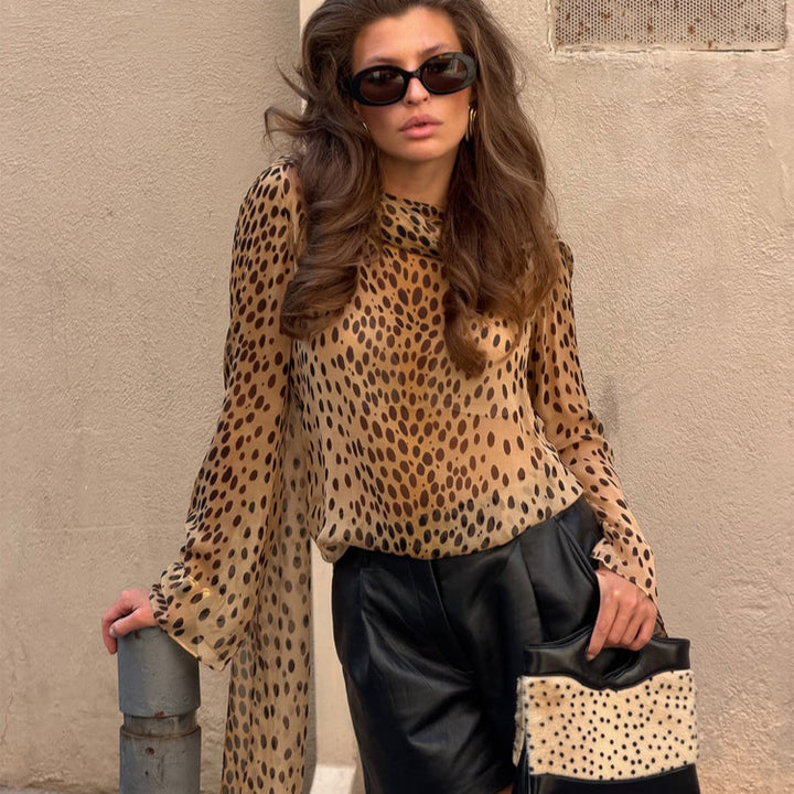 Women's Transparent Chiffon Blouse with Long Shawl Collar and Animal Print Mune Fashion