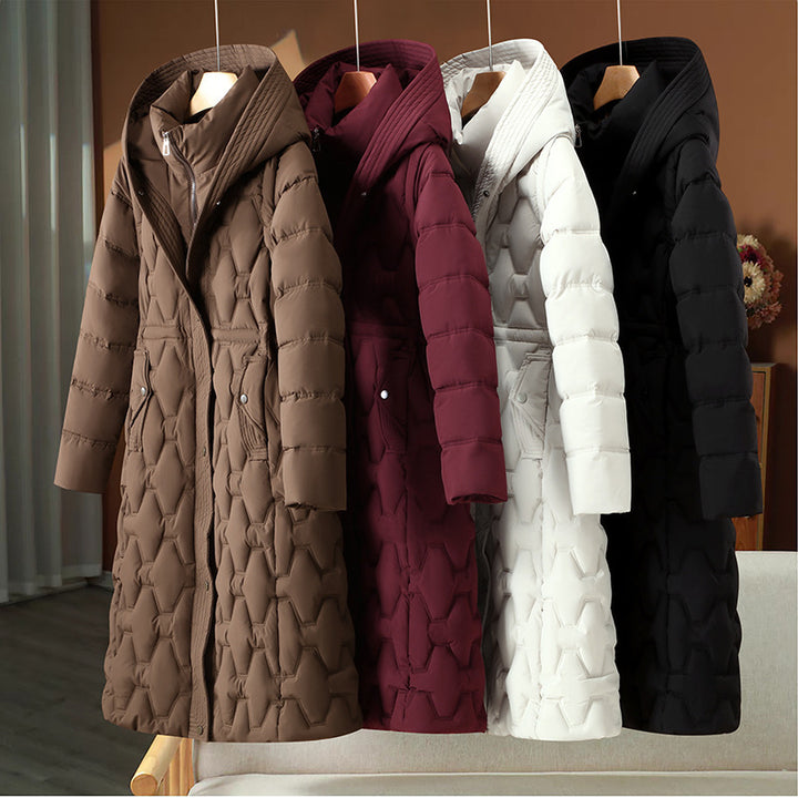 Women's longer quilted coat with honeycomb quilt, hood and tailored A-line Mune Fashion