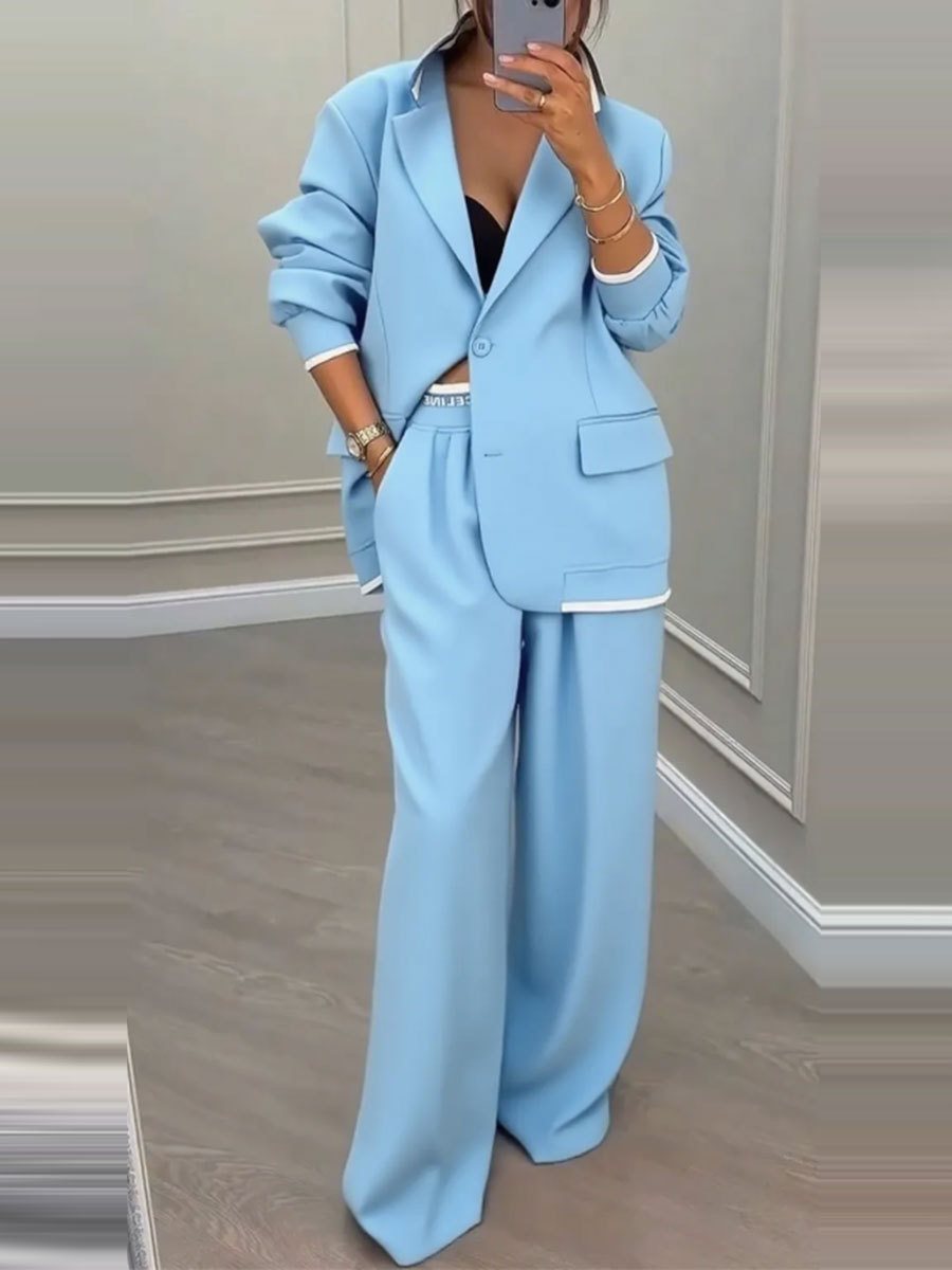 Women Oversized Blazer with Contrast Trim and High-Waist Palazzo Pants Two-Piece Set Mune Fashion