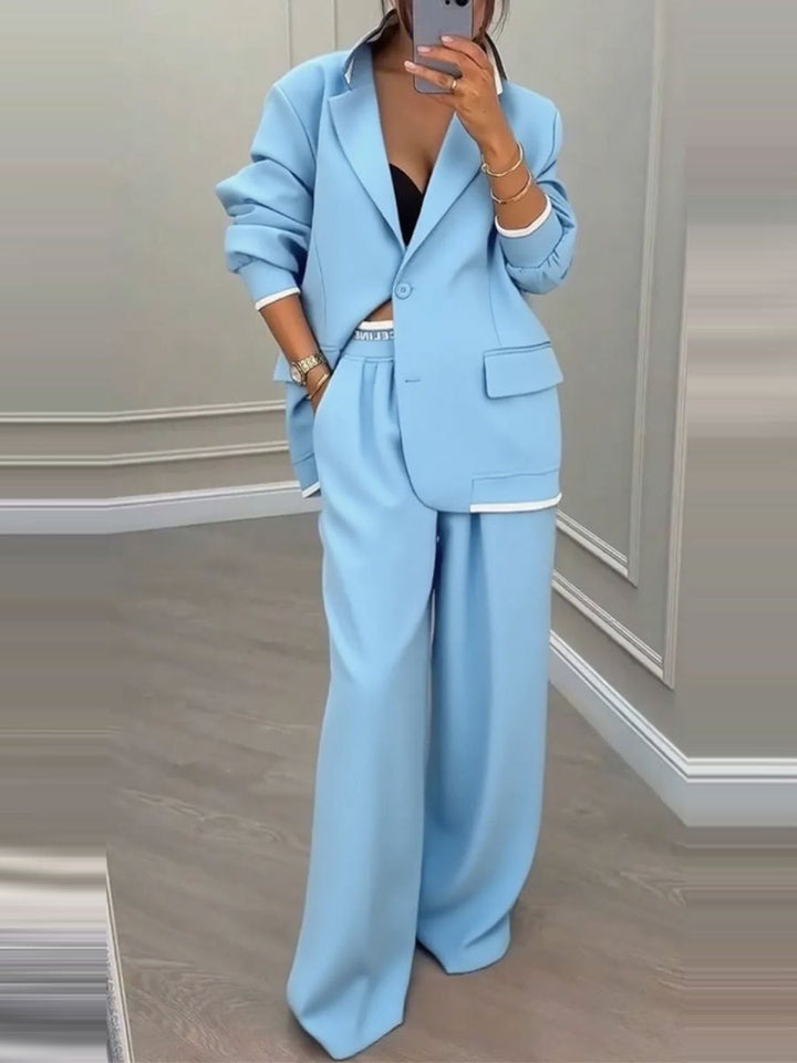 Women Oversized Blazer with Contrast Trim and High-Waist Palazzo Pants Two-Piece Set Mune Fashion