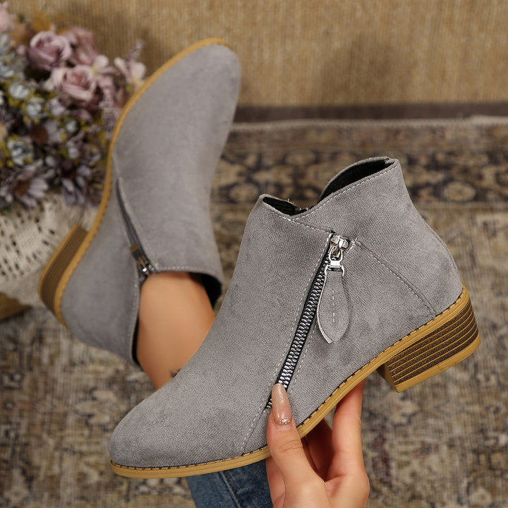 Women's Modern Ankle Boot with Visible Metal Zipper and Low Wood-Look Block Heel Mune Fashion