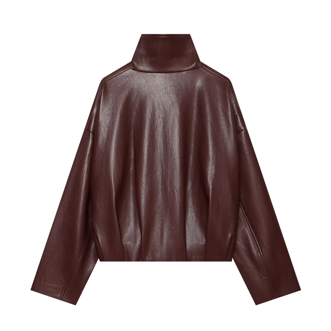 Women Short Faux Leather Jacket with High Standing Collar and Zipper Drune
