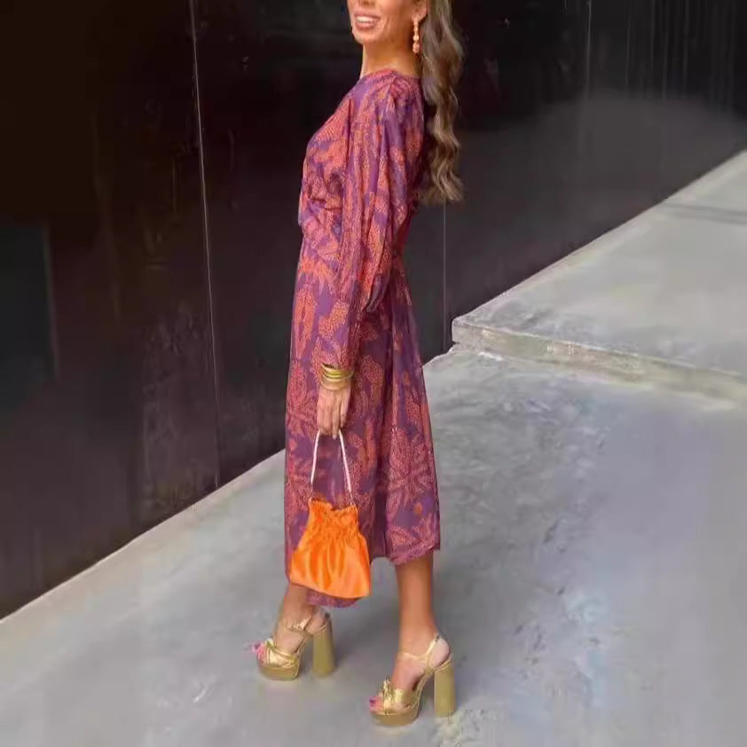 Women's Patterned Midi Dress with Knot Front, V-Neck and Long Sleeves Mune Fashion