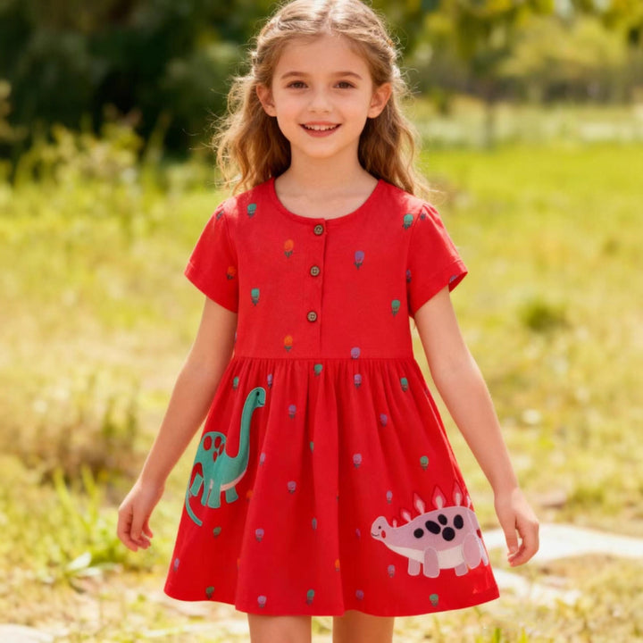 Girls casual dress with colorful dinosaur appliqués Mune Fashion