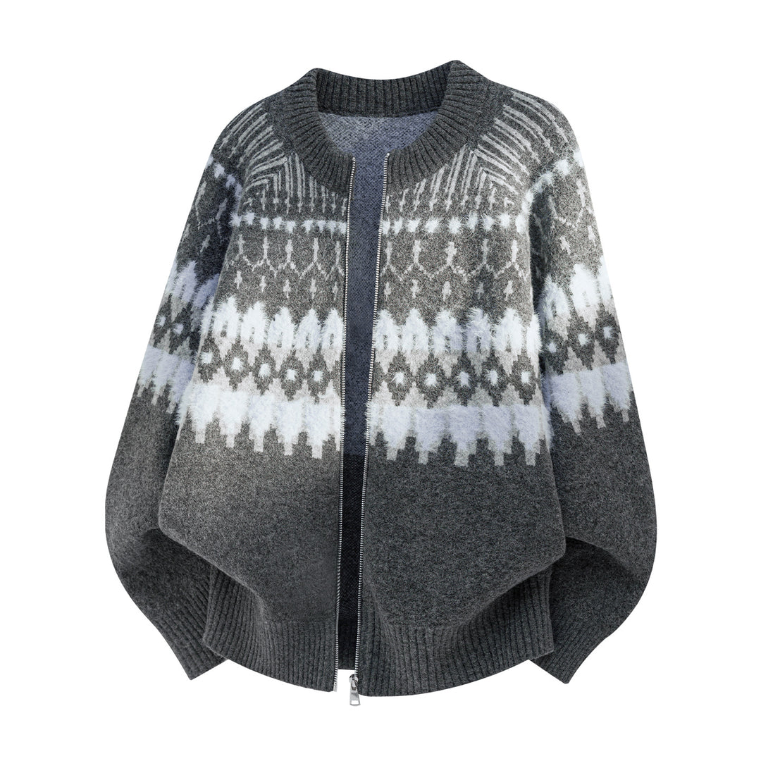 Women Oversize Knit Poncho with Zipper and Norwegian Jacquard Pattern Mune Fashion