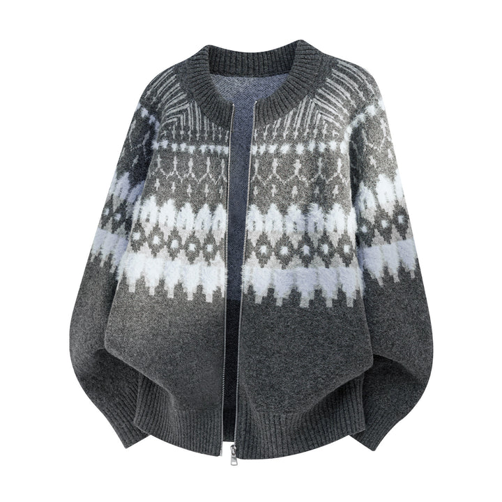 Women Oversize Knit Poncho with Zipper and Norwegian Jacquard Pattern Mune Fashion