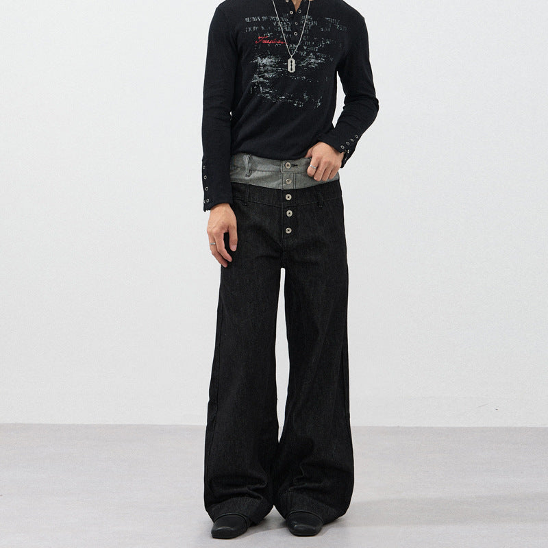 Men's Wide Cut Double-Breasted Denim Palazzo Trousers with Visible Button Placket Mune Fashion