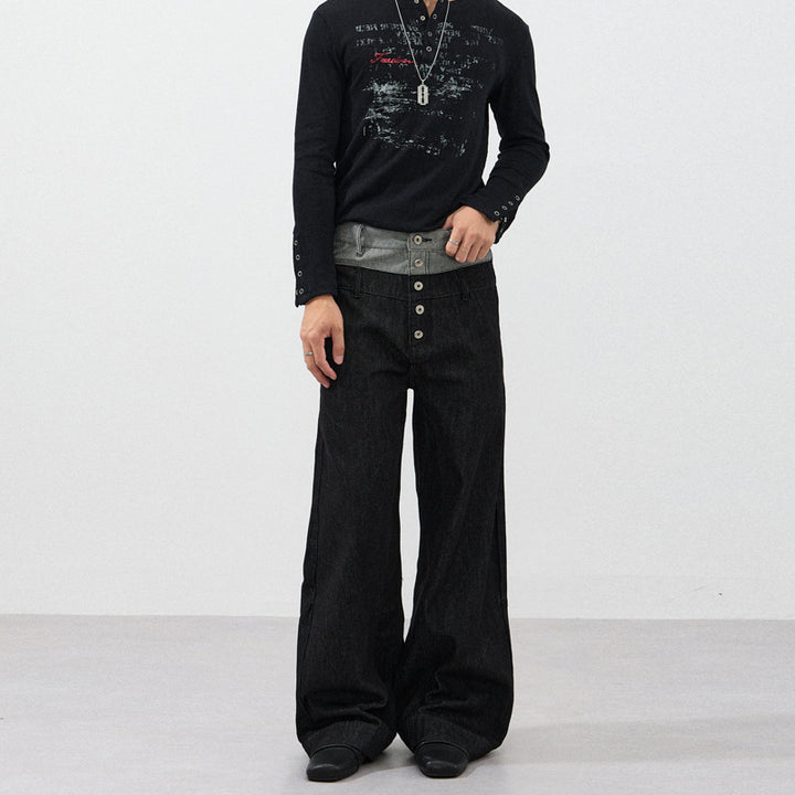 Men's Wide Cut Double-Breasted Denim Palazzo Trousers with Visible Button Placket Mune Fashion