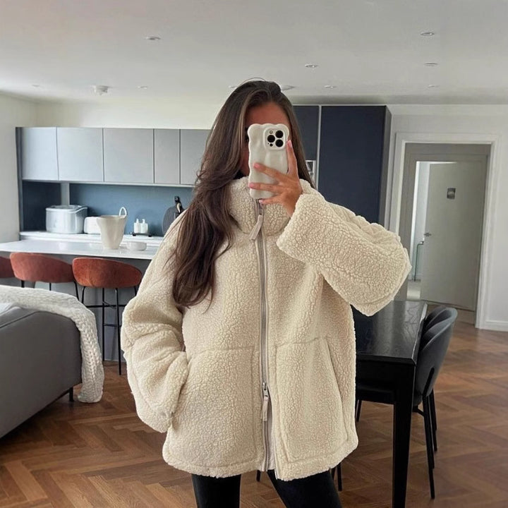 Women's Oversized Teddy-Fleece Jacket with Zipper and Stand-Up Collar Mune Fashion
