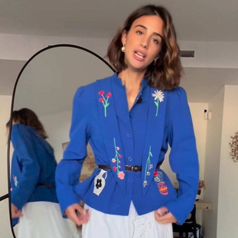 Women Embroidered Tailored Short Jacket with Peplum and Belt Mune Fashion