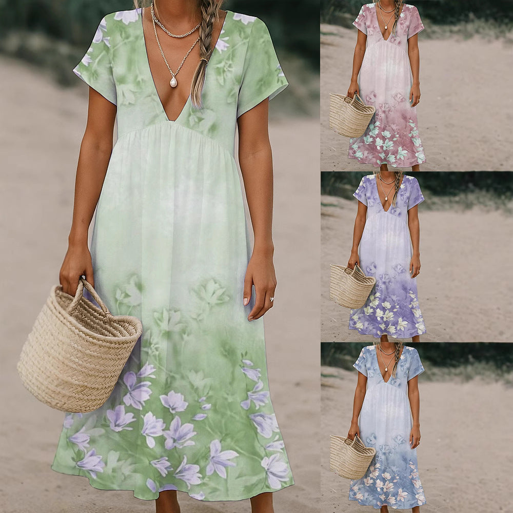 Ladies max dress with deep V-neck and flowing skirt Mune Fashion