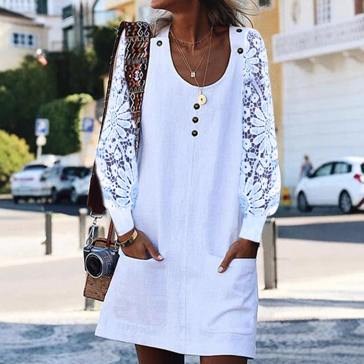 Women's relaxed linen mini dress with floral crochet sleeves, U-neckline and patch pockets Mune Fashion