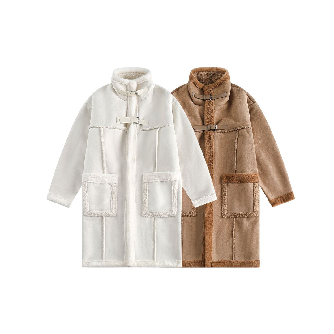 Women Long Oversize Sheepskin Imitation Coat with Stand-up Collar and Buckle Closure Mune Fashion